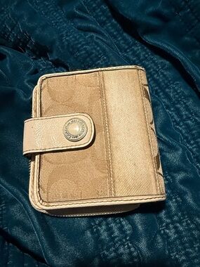 Coach Beige and Tan Signature Snap Wallet